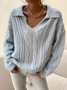 Chiquease V領翻領麻花編織套頭毛衣 - 淺灰色 - 查看 3