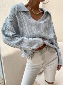 Chiquease V領翻領麻花編織套頭毛衣 - 淺灰色 - 查看 4