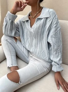 Chiquease V領翻領麻花編織套頭毛衣 - 淺灰色 - 查看 5