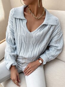 Chiquease V領翻領麻花編織套頭毛衣 - 淺灰色 - 查看 6