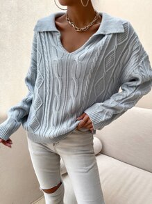 Chiquease V領翻領麻花編織套頭毛衣 - 淺灰色 - 查看 7