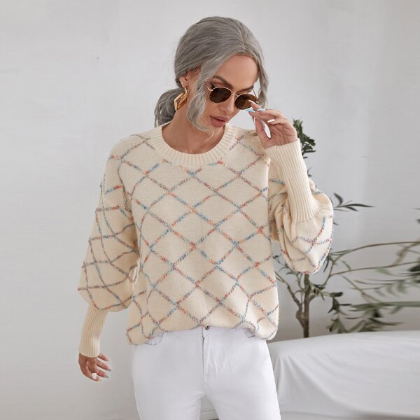 

Argyle Knit Lantern Sleeve Sweater, Beige