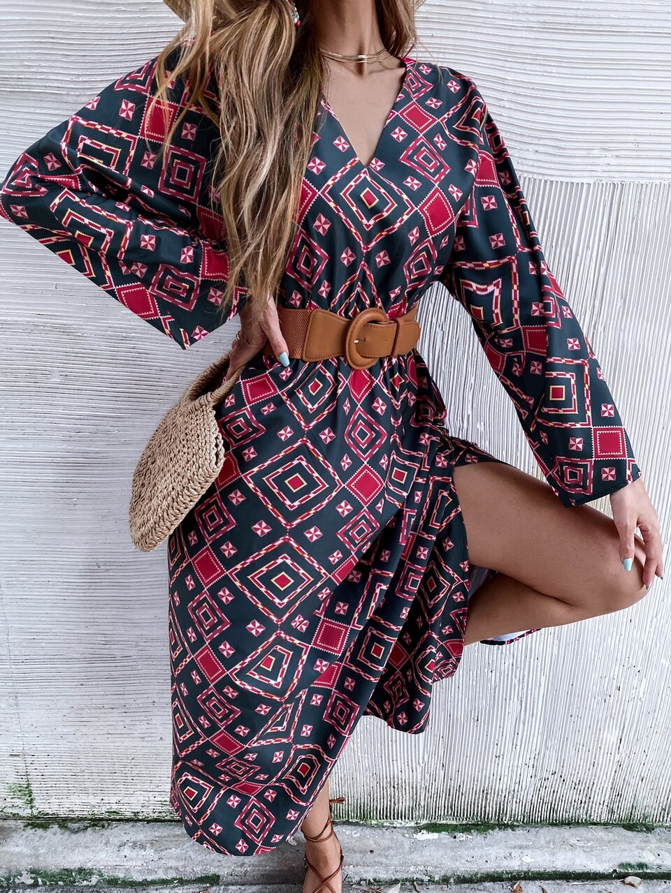 Geo Print Batwing Sleeve Split Thigh Dress Without Belt