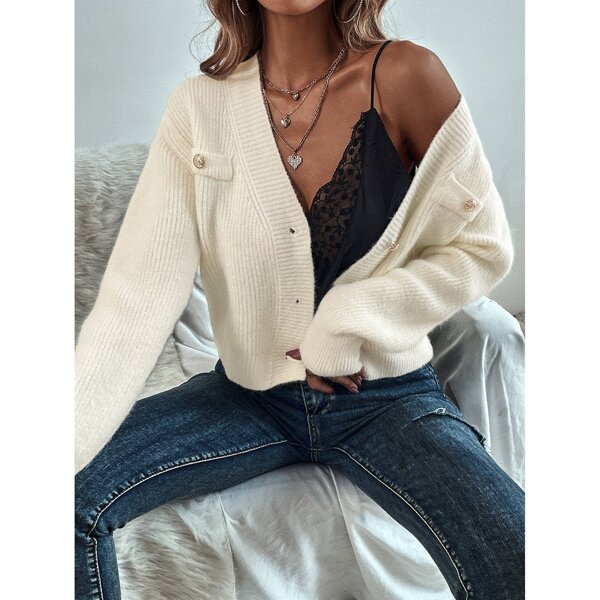 

Drop Shoulder Decor Pocket Cardigan, White