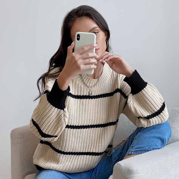 

Stripe Pattern Drop Shoulder Sweater, Beige