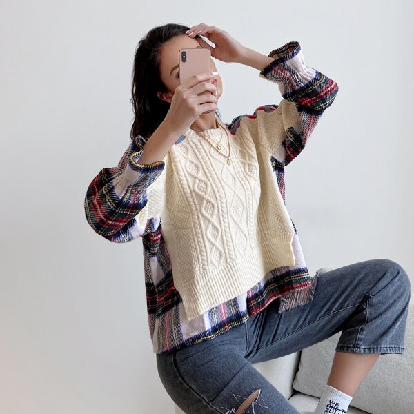 

Tartan Flounce Sleeve 2 In 1 Sweater, Multicolor