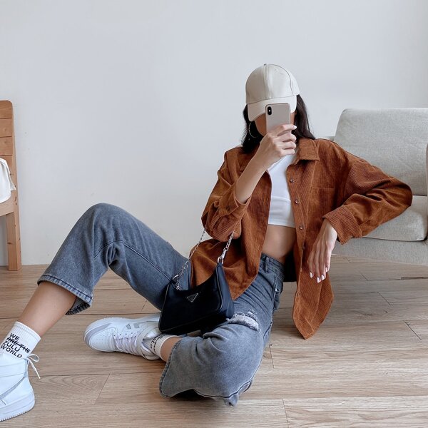 

Drop Shoulder Pocket Front Corduroy Coat, Rust brown