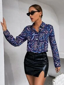 Plaid & Plants Print Shirt - Navy Blue - View 4