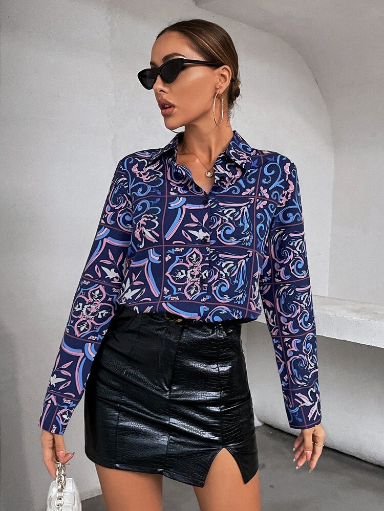 格紋和植物圖案襯衫 - 藏蓝色 - 查看 5