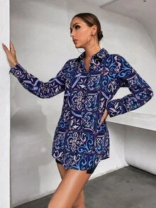 Plaid & Plants Print Shirt - Navy Blue - View 6