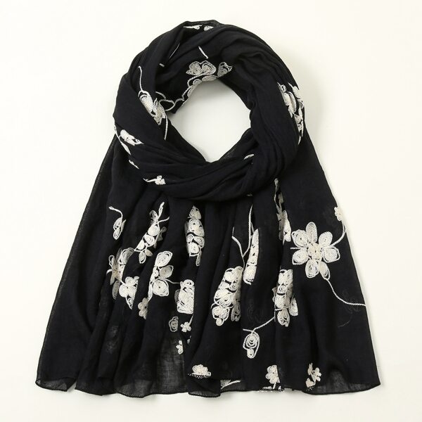 

Flower Embroidered Scarf, Black