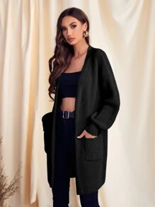 Pocket Open Front Drop Shoulder Cardigan