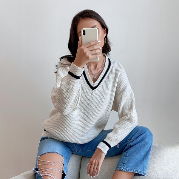 

Contrast Trim Drop Shoulder Sweater, White