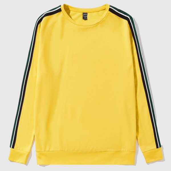 

Men Round Neck Striped Tape Pullover, Yellow
