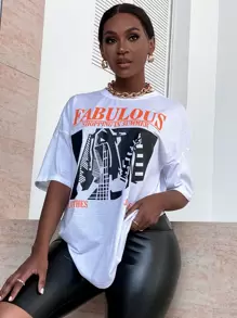 SHEIN VaVaLuxe 字母和圖案男友T恤 - 白色 - 查看 1