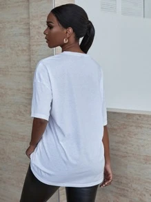 SHEIN VaVaLuxe 字母和圖案男友T恤 - 白色 - 查看 2