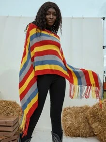 條紋圖案流蘇下擺斗篷毛衣 - 彩色 - 查看 1
