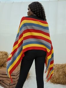 條紋圖案流蘇下擺斗篷毛衣 - 彩色 - 查看 2