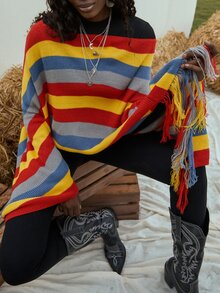 條紋圖案流蘇下擺斗篷毛衣 - 彩色 - 查看 4