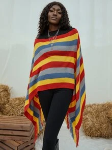 條紋圖案流蘇下擺斗篷毛衣 - 彩色 - 查看 5