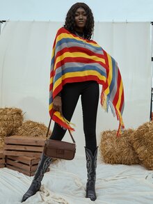 條紋圖案流蘇下擺斗篷毛衣 - 彩色 - 查看 6