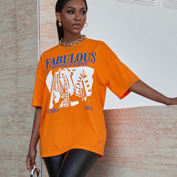 

Letter & Graphic Print Boyfriend Tee, Orange