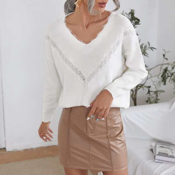

Eyelash Lace Trim Drop Shoulder Sweater, White