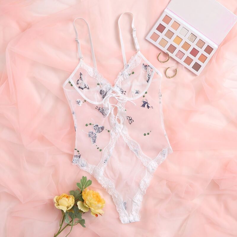 

Lace Trim Embroidered Mesh Teddy Bodysuit, White