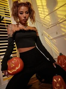 Off Shoulder Fuzzy Trim Crop Tube Top - Black - View 1