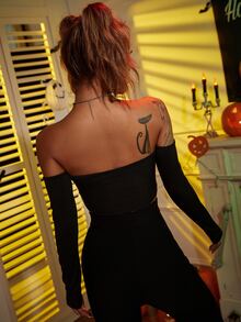 Off Shoulder Fuzzy Trim Crop Tube Top - Black - View 2