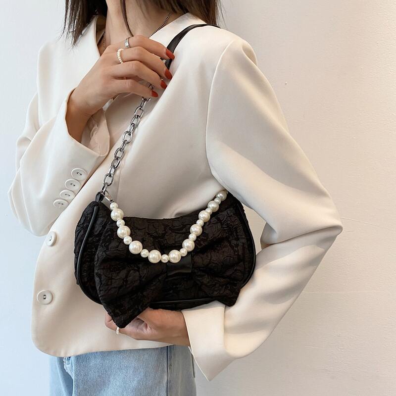 

Bow & Faux Pearl Decor Shoulder Bag, Black
