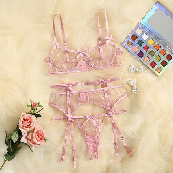 

Bow Decor Mesh Underwire Garter Lingerie Set, Pink