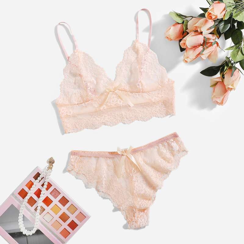 

Floral Lace Bow Decor Lingerie Set, Baby pink