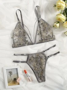 Floral Embroidery Cut Out Lingerie Set - Grey - View 1