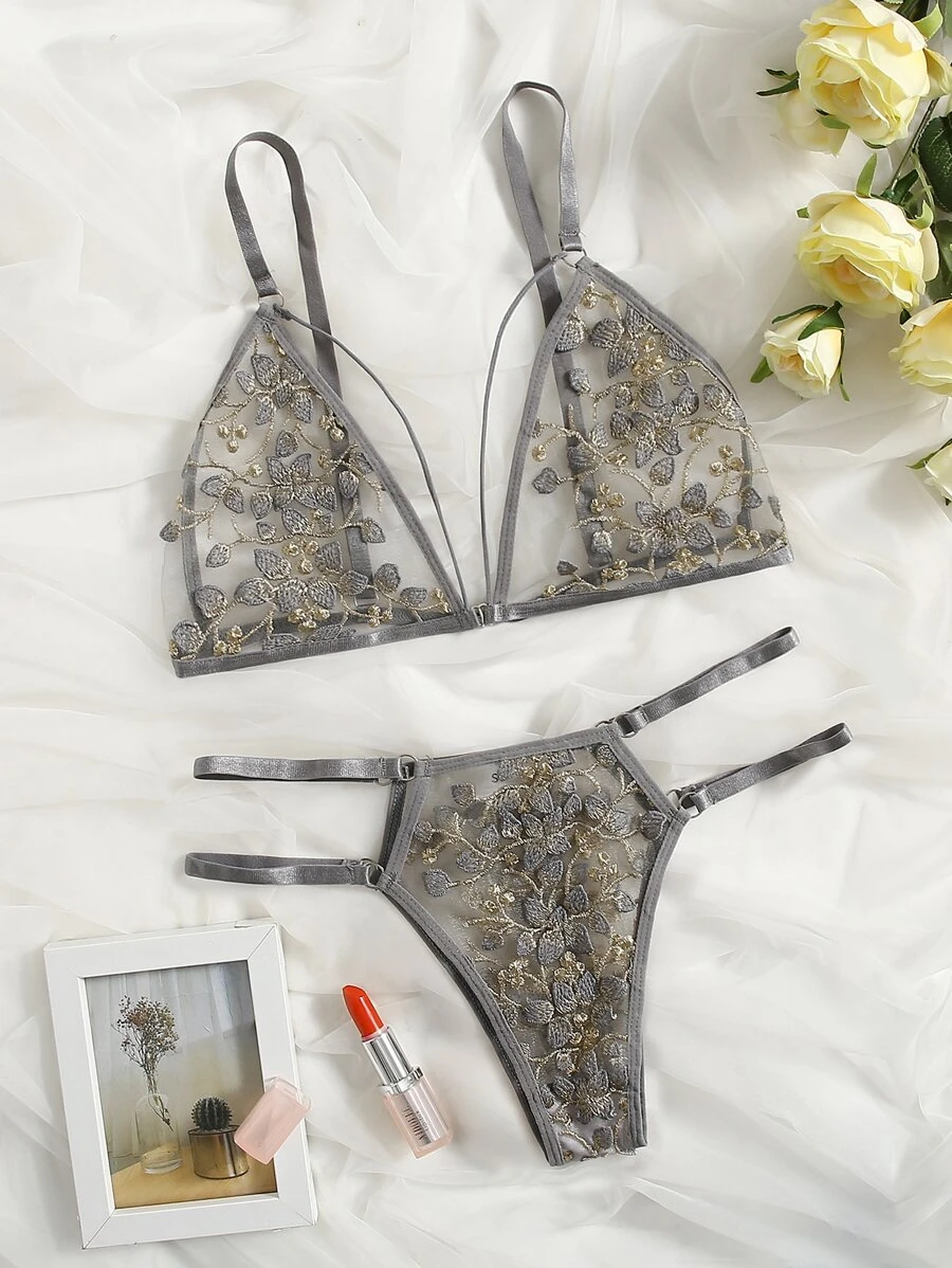 Floral Embroidery Cut Out Lingerie Set - Grey - View 1