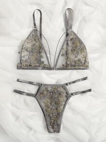 Floral Embroidery Cut Out Lingerie Set - Grey - View 3