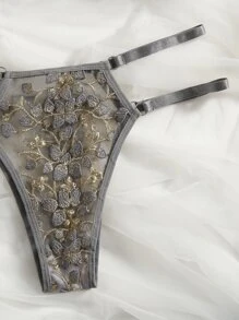 Floral Embroidery Cut Out Lingerie Set - Grey - View 4