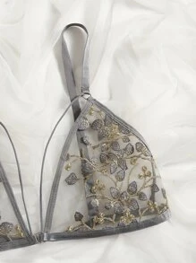 Floral Embroidery Cut Out Lingerie Set - Grey - View 5