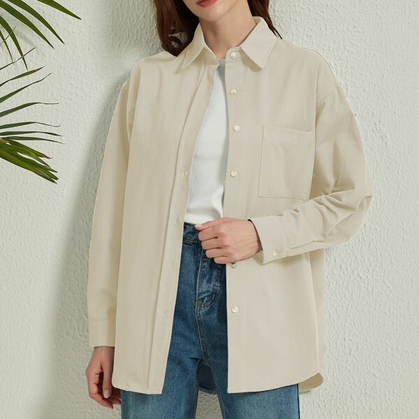 

1pc Drop Shoulder Solid Blouse, Apricot