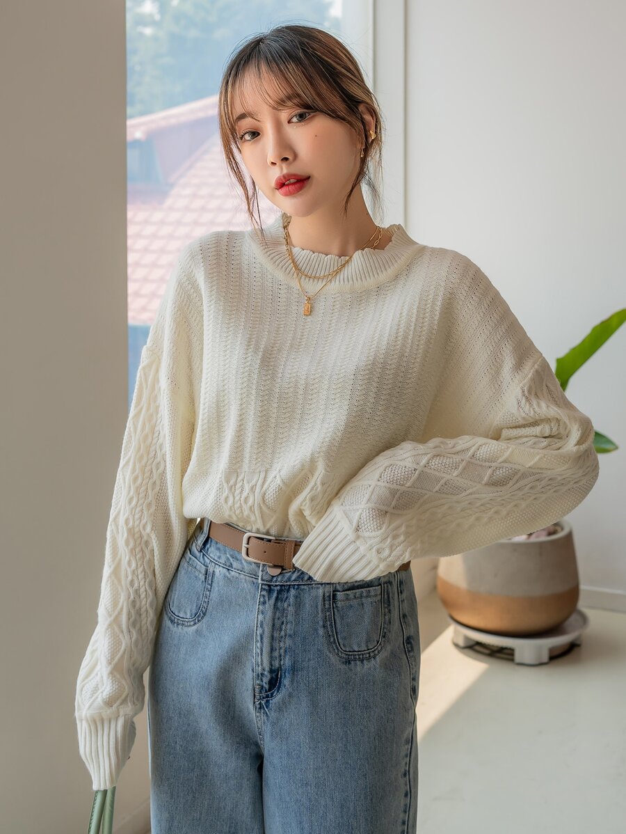 DAZY Cable Knit Drop Shoulder Sweater
