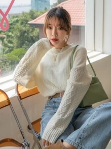 DAZY Cable Knit Drop Shoulder Sweater