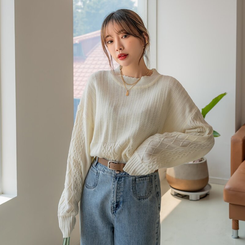 

Cable Knit Drop Shoulder Sweater, Beige