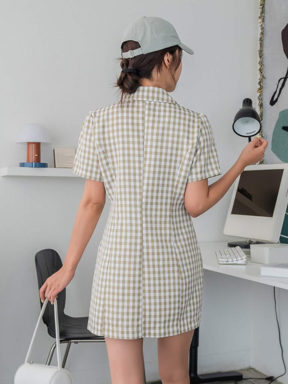 Gingham Flap Detail Puff Sleeve Double Breasted Dress