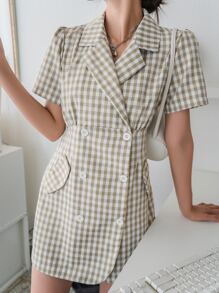 DAZY Gingham Flap Detail Puff Sleeve Double Breasted Dress - Multicolor - View 3