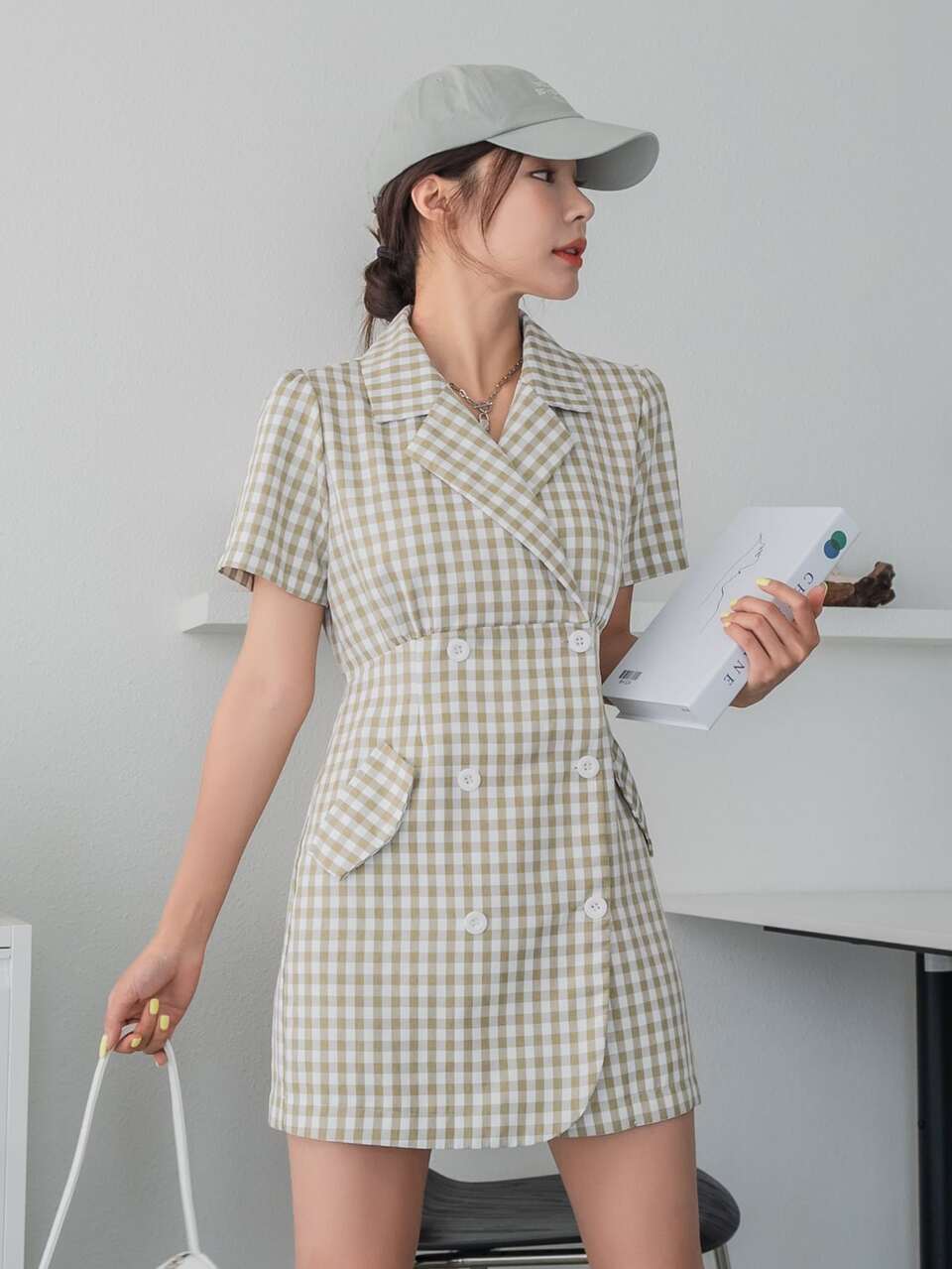 Gingham Flap Detail Puff Sleeve Double Breasted Dress