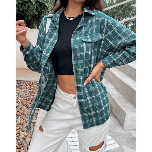 

Plaid Button Front Drop Shoulder Blouse, Green