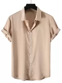 Manfinity Homme Camisa sólida para hombre con botones, camisa khaki lisa de manga corta para fiesta regular