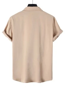 Manfinity Homme Camisa sólida para hombre con botones, camisa khaki lisa de manga corta para fiesta regular