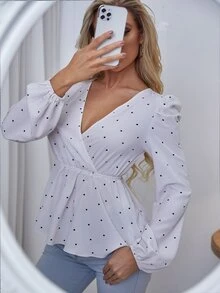Blusa de lunares de cuello V bajo con fruncido - Blanco - Ver 3