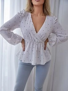 Blusa de lunares de cuello V bajo con fruncido - Blanco - Ver 5